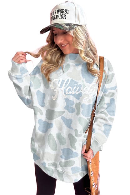 Sky Blue Camo Print Howdy Western Style Baggy Pullover Sweatshirt