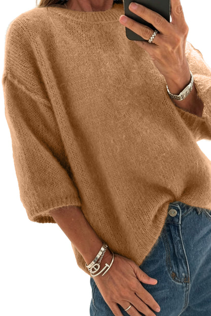 Camel Solid Color Knit Half Sleeve Round Neck Shift Sweater