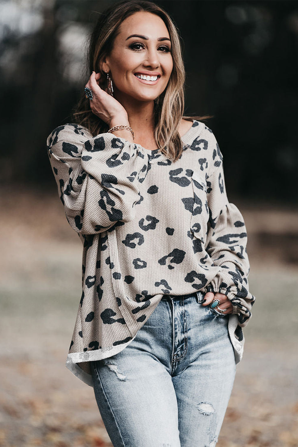 Gray Printed Leopard Balloon Sleeve Thermal Knit Plus Size Top