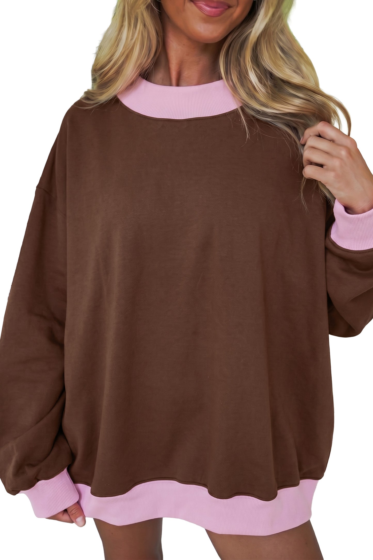 Coffee Colorblock Trim Crewneck Long Sleeve Pullover Sweatshirt