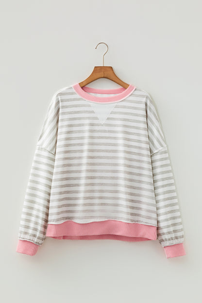 Pink Twisted Rib Trim Striped Round Neck Long Sleeve Top