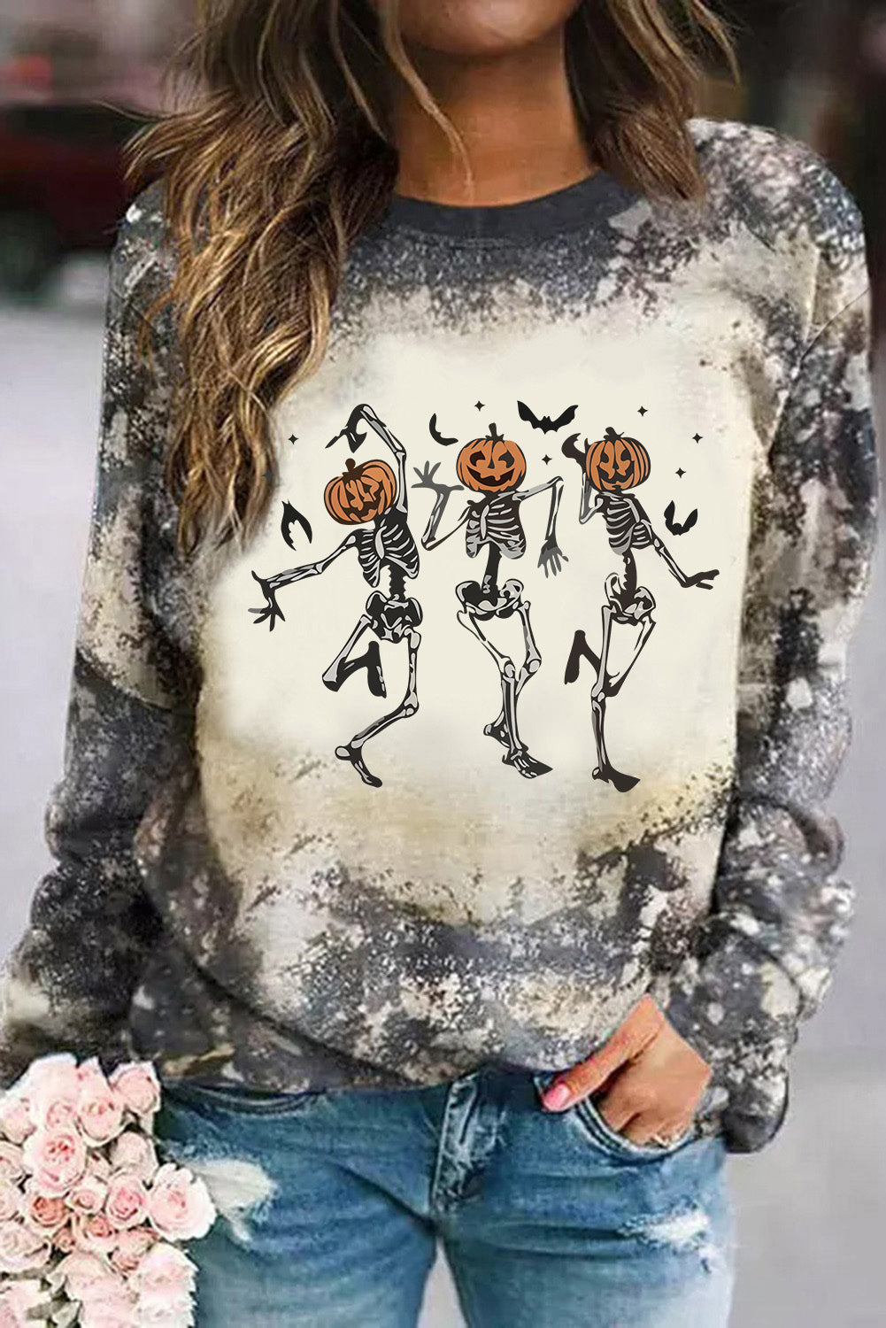 Haut à manches longues multicolore avec motif squelette dansant et tie-dye pour Halloween