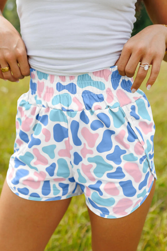 Sky Blue Camouflage Print Shirred High Waist Athleisure Shorts