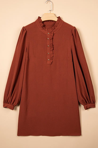 Coffee Solid Shift Long Sleeve Short Length One Piece Dress