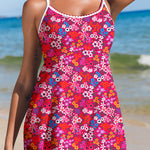 Rose Floral Print Ricrac Trim Spaghetti Strap One Piece Swim Dress