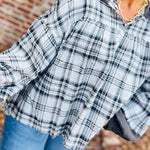 Gray Plaid Patchwork Long Sleeve Button Hooded Blouse