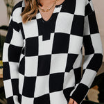 Black Checked Notched Neckline Drop Shoulder Knit Sweater