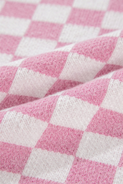 Pull rose à carreaux et boutons, col en V, épaules tombantes