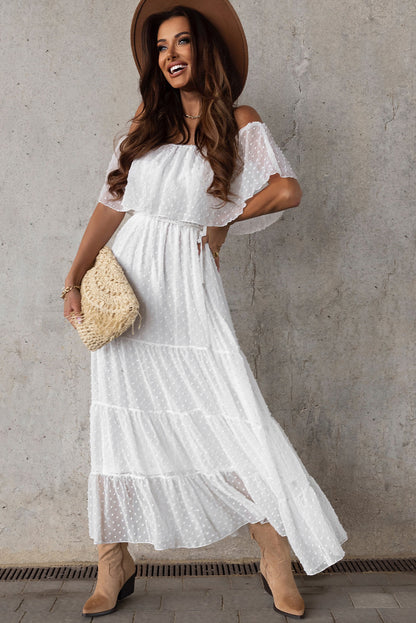 Yellow Yellow Off Shoulder Ruffle Swiss Dot Maxi Dress