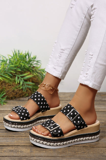 Color black Polka Dot Pattern Double Buckle Straps Hollow Out Platform Slippers