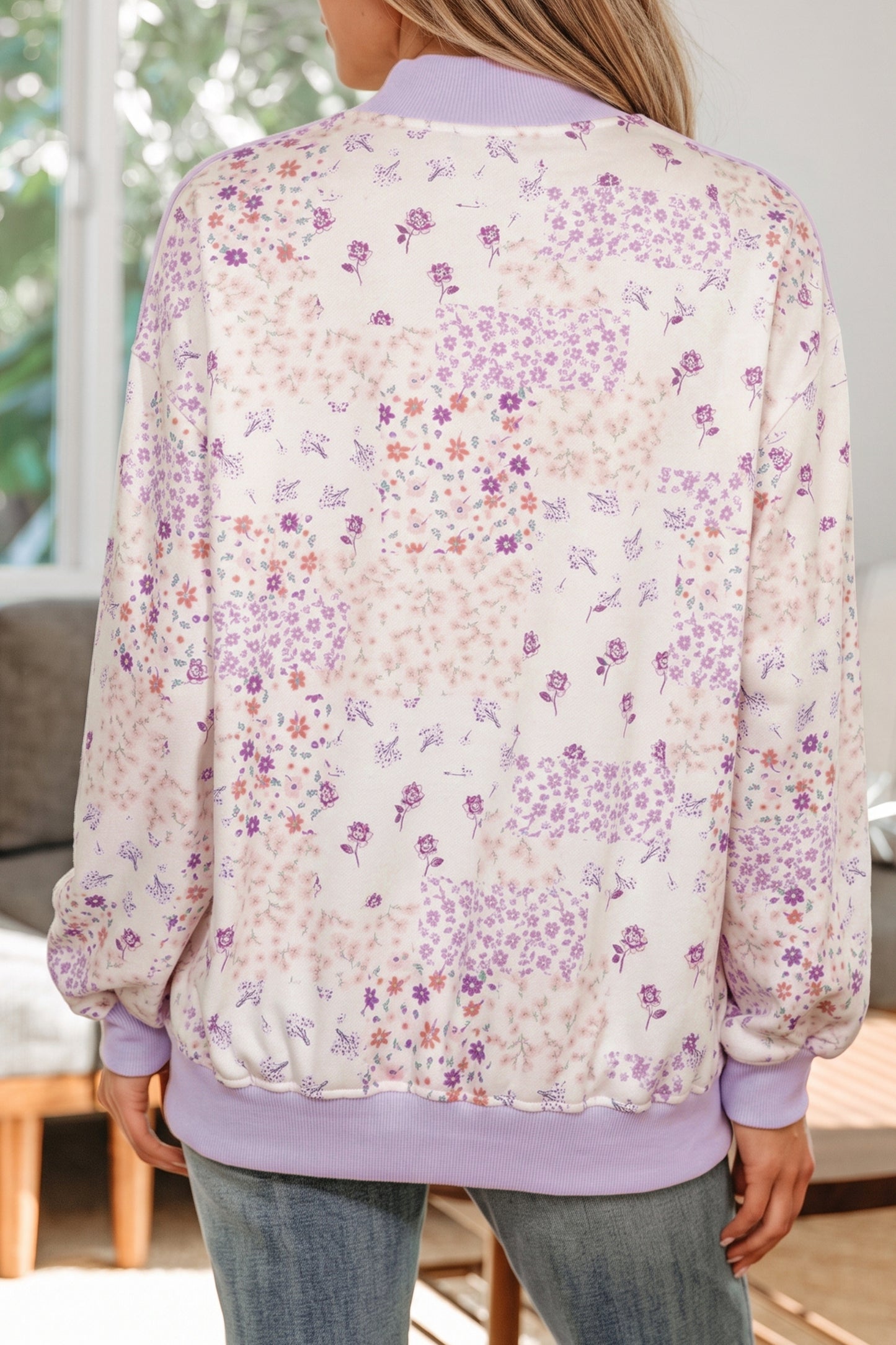Purple Floral Print High Neck Colorblock Sleeve Paneling Sweatshirt