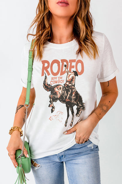 T-shirt blanc à col rond avec imprimé cowboy RODEO