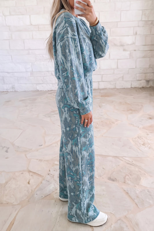 Multicolour Abstract Floral Print Loose Pullover Drawstring Pants 2pcs Set