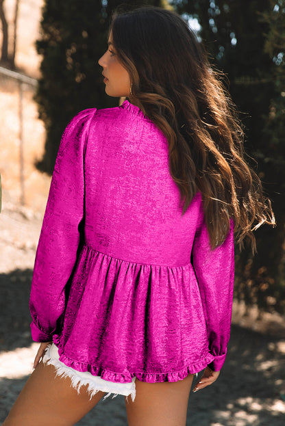 Chemisier babydoll à volants métallisés rouge rose et manches bouffantes à col en V