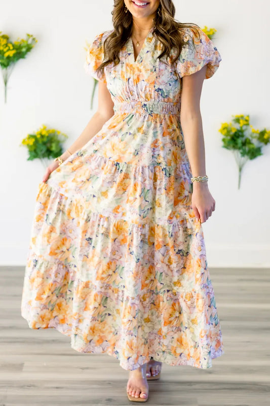Orange Floral Bubble Sleeve V Neck Flared Maxi Dress