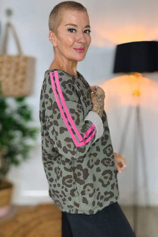 Green Leopard Print Varsity Striped Trim Long Sleeve Top