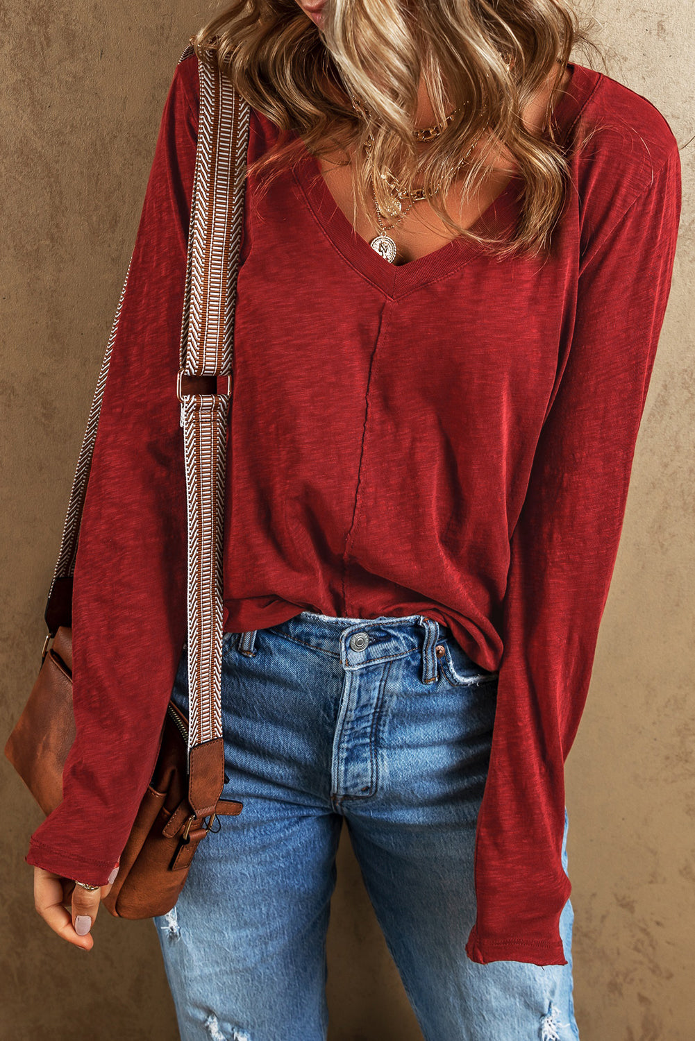 Rose Red V Neck Center Seam Long Sleeve Tee
