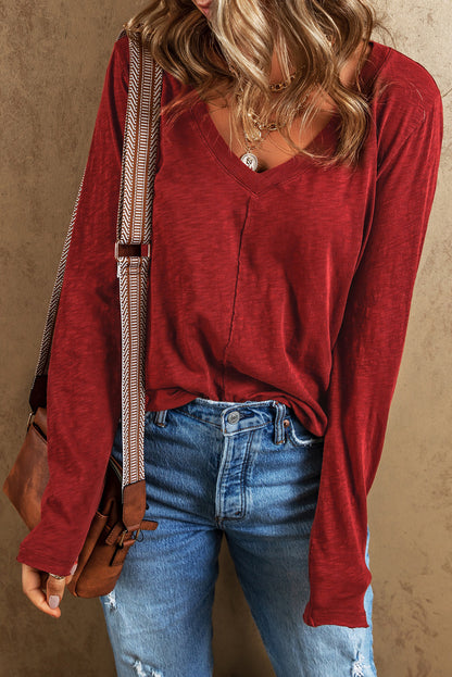 Rose Red V Neck Center Seam Long Sleeve Tee