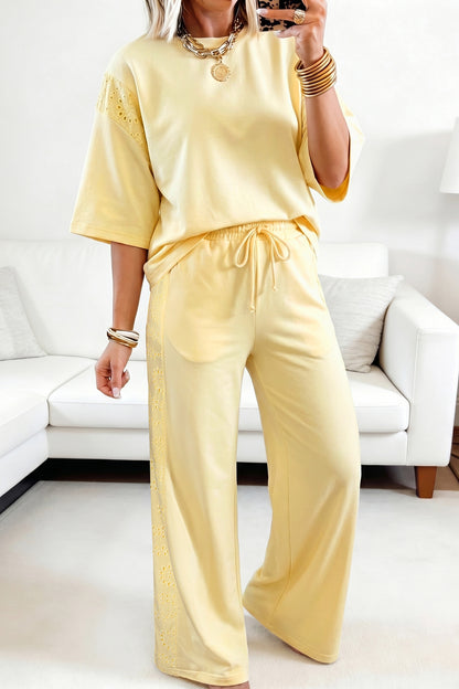 Light Green Lace Patchwork Half Sleeve Top Elastic Waist Pants Two Piece Set