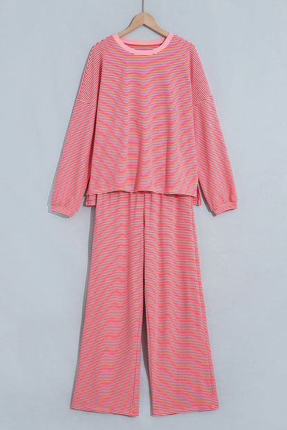 Pink Striped Drop Shoulder Long Sleeve Pant Set