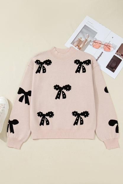Smoke Gray Pearl Embellished Bow Pattern Loose Sweater