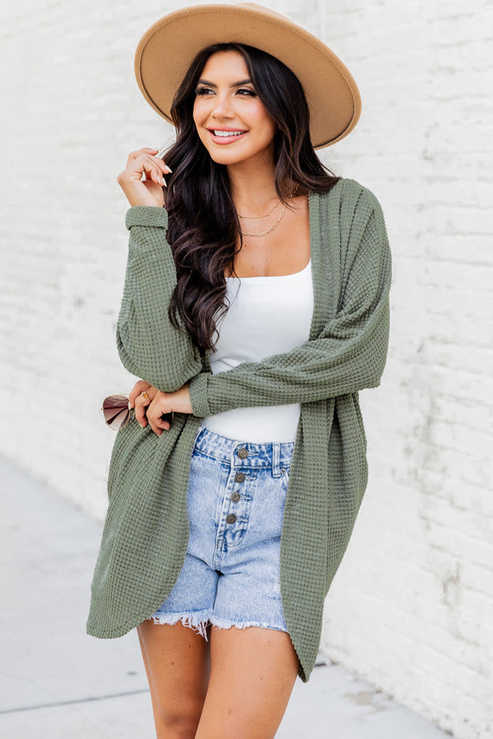 Cardigan ouvert en tricot gaufré vert laurier