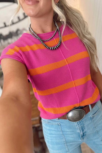 Rose Stripe Knit Western Short Sleeve Sweater