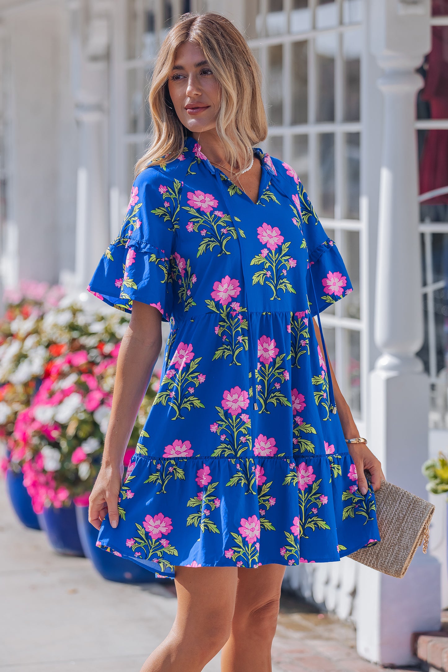 Blue V Neck Short Sleeve Loose Flower Dress