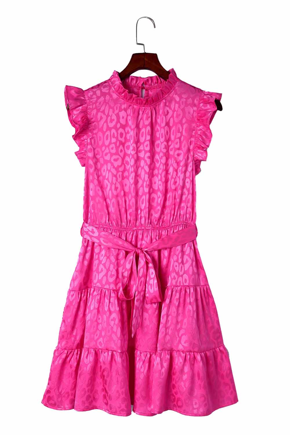 Vestido sin mangas con volantes y cintura anudada de leopardo de satén