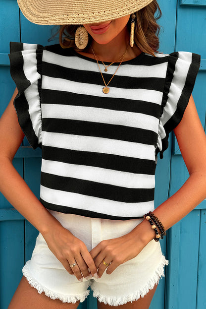 Green Stripe Flutter Sleeve Round Neck T Shirt