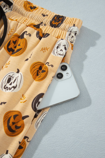 Orange Halloween Pumpkin Print Two Piece Long Sleeve Lounge Set