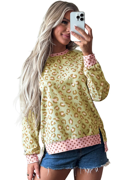 Khaki Leopard Polka Dot Colorblock Trim Long Sleeve Top