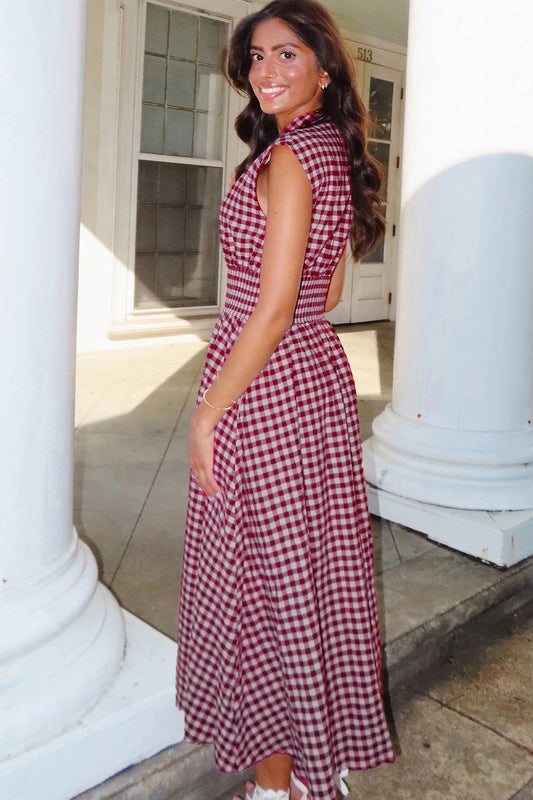 Red Plaid Print Full Zipper Cinched Waist Fit Flare Sleeveless Maxi Dress