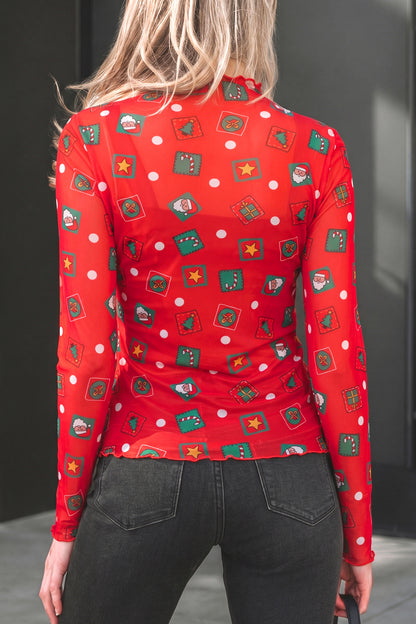 Fiery Red Christmas Elements Printed Long Sleeve Sheer Mesh Top