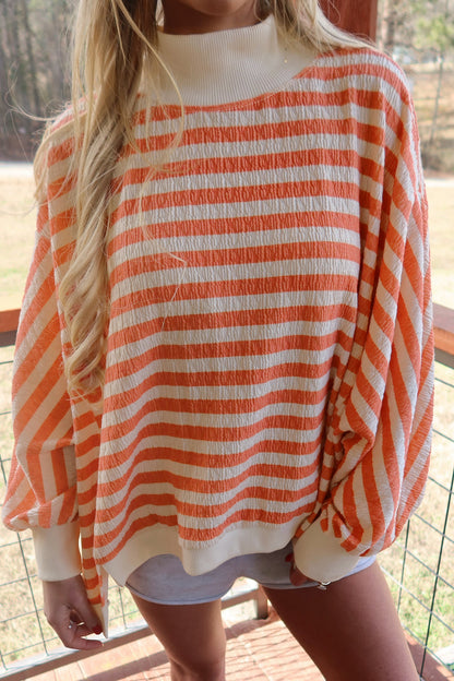 Orange Stripe Textured Contrast High Neck Long Sleeve Top Elastic Waist Pants 2pcs Set