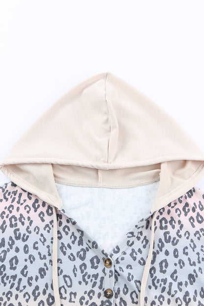 Leopard Patchwork Buttons Hooded Sweatshirt with Pocket