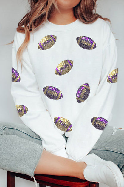 White Game Day Sequin Rugby Pattern Baggy Sweatshirt