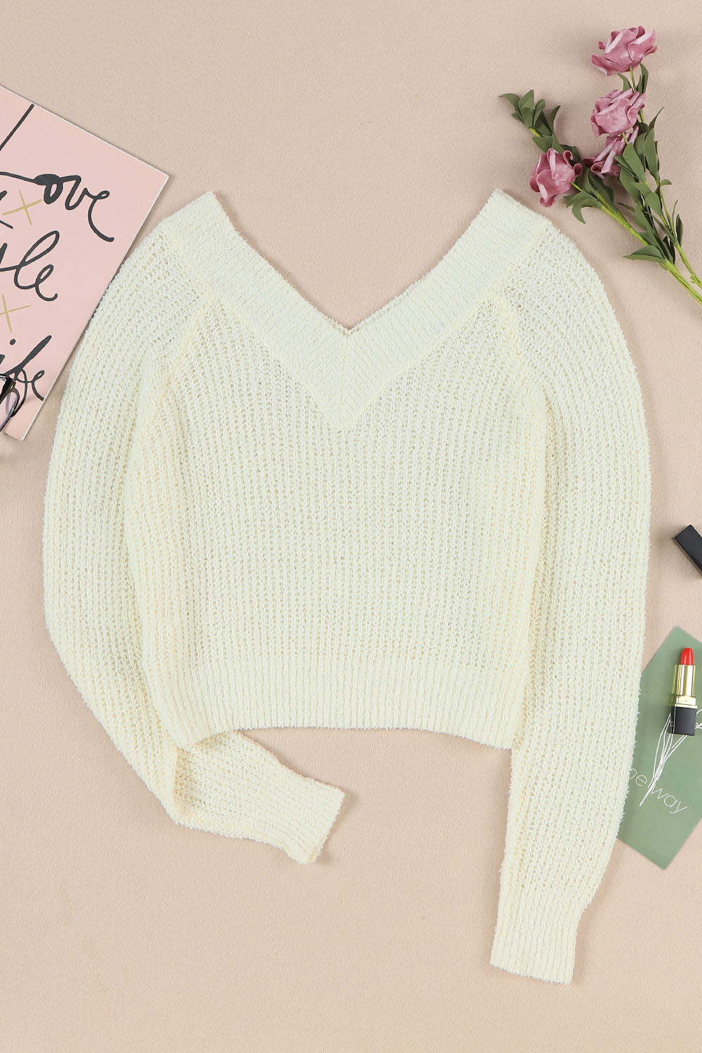 Apricot Cropped V Neck Fuzzy Sweater