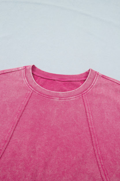 Pink Mineral Wash Raw Seam Detail Lace Trim Cap Sleeve Top