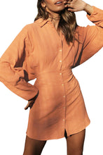 Brown Textured Button Front Cinched Waist Mini Dress