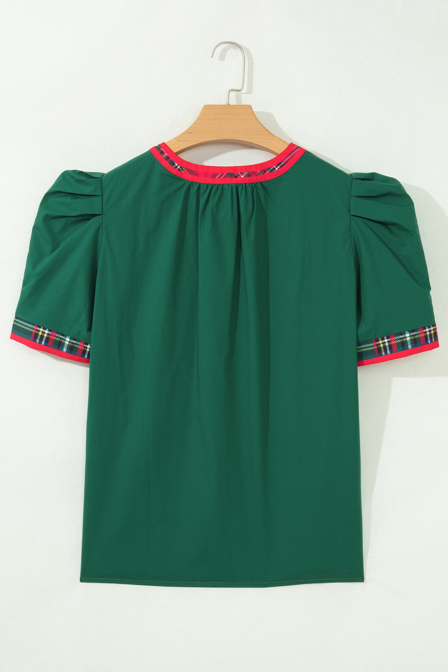 Evergreen Plaid Trim V Neck Short Sleeve Shift Blouse
