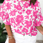 Pink Floral Printed Ruffled Short Sleeve Round Neck Loose Blouse