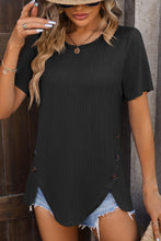 Black Button Slit Detail Fashion Textured T Shirt
