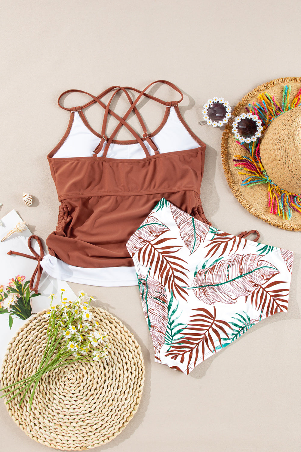 Maillot de bain tankini 2 pièces rouge minéral avec cordon de serrage et effet gainant