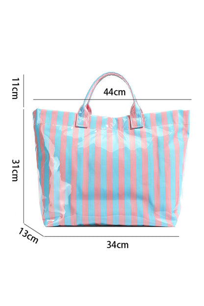 Light Blue Glossy Striped Vinyl Large Tote Bag