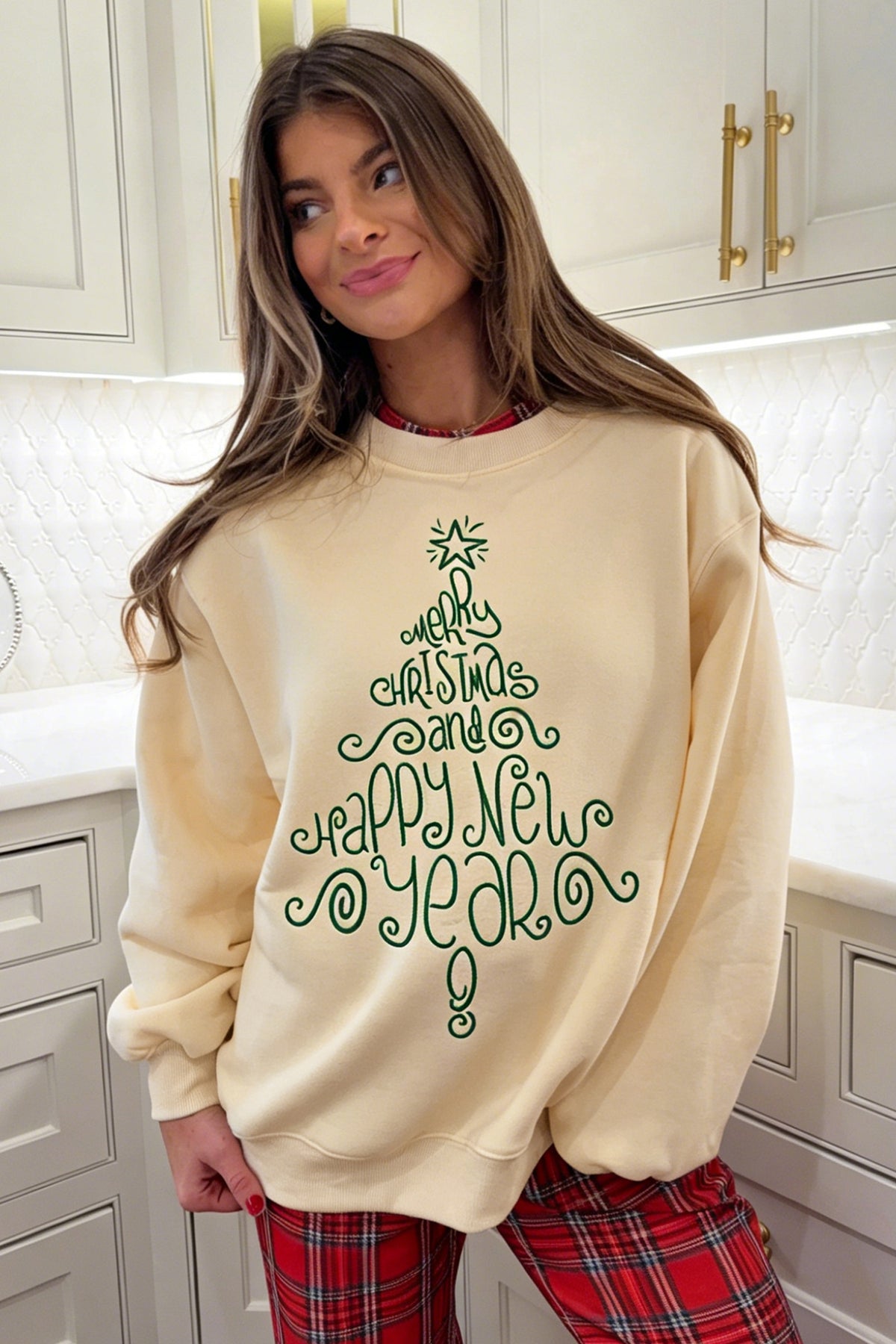 Apricot Merry Christmas and Happy New Year Embroidered Holiday Slogan Sweatshirt