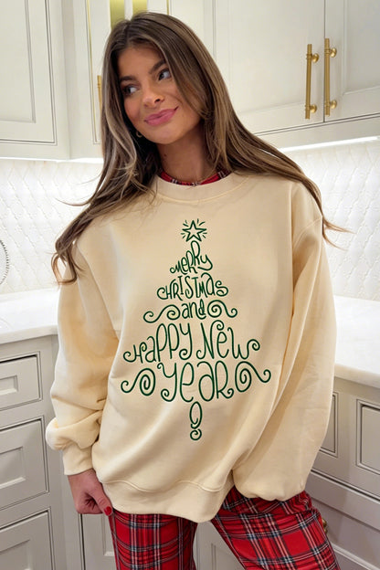 Apricot Merry Christmas and Happy New Year Embroidered Holiday Slogan Sweatshirt