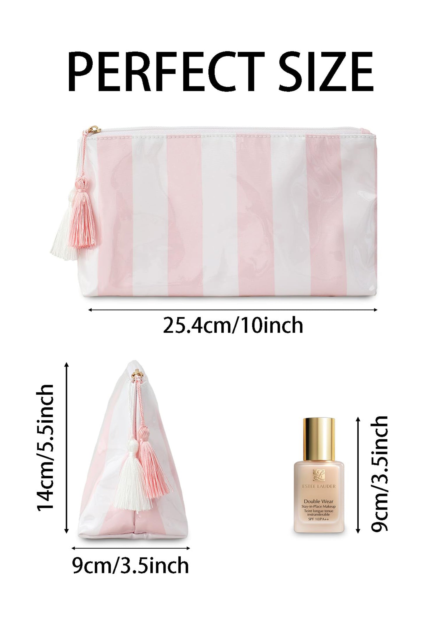 Light Pink Striped Vinyl Waterproof Tassel Zipper Makeup Bag