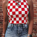 Red Checkerboard Printed Slim Tank Top