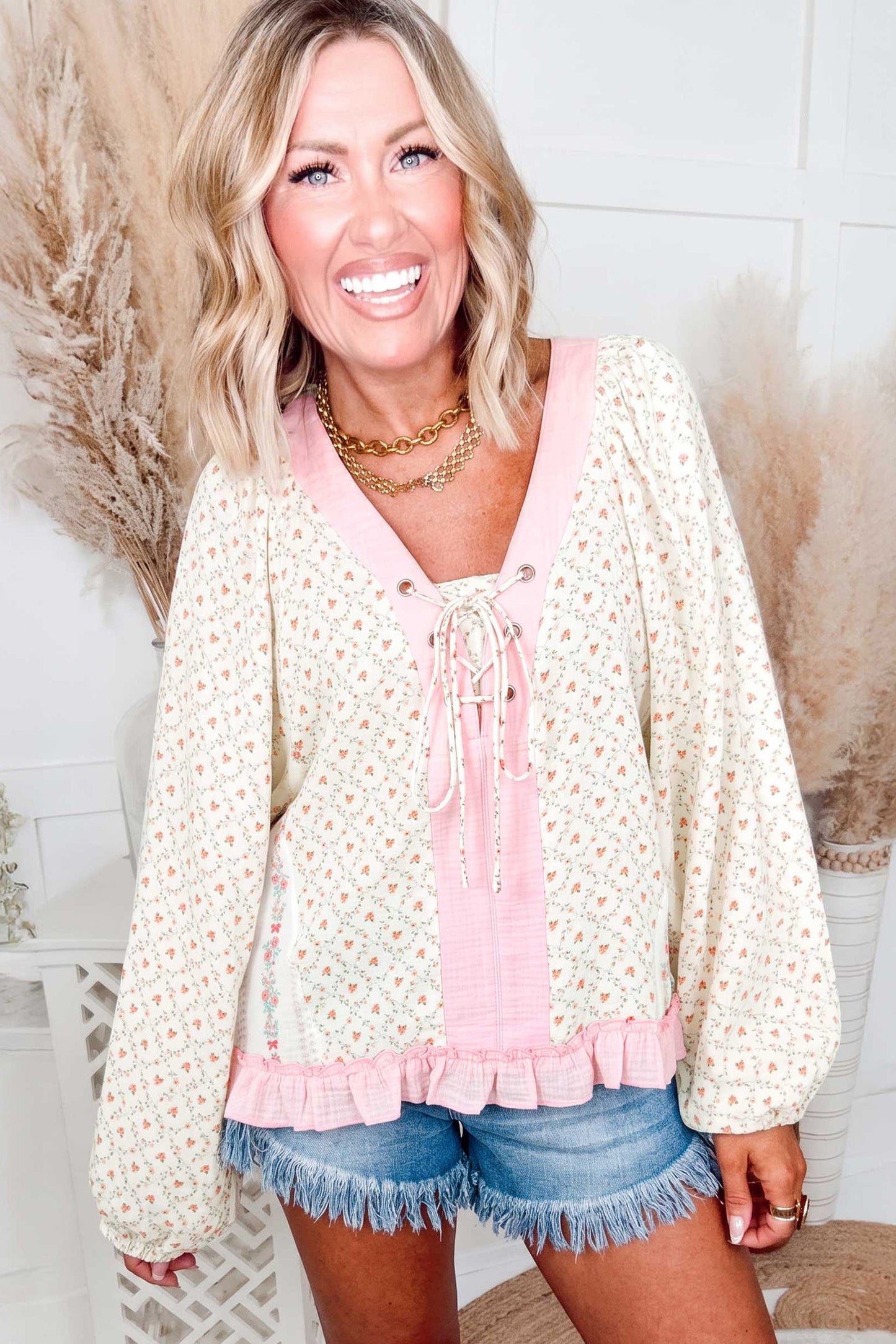 Beige Floral Print Color Block Trim Lace-up V Neck Long Sleeve Blouse